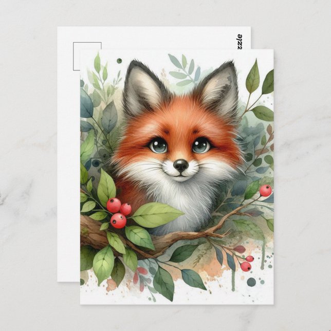 Cartão Postal Fox Vermelha de Aquarela Adorável (Frente/Verso)