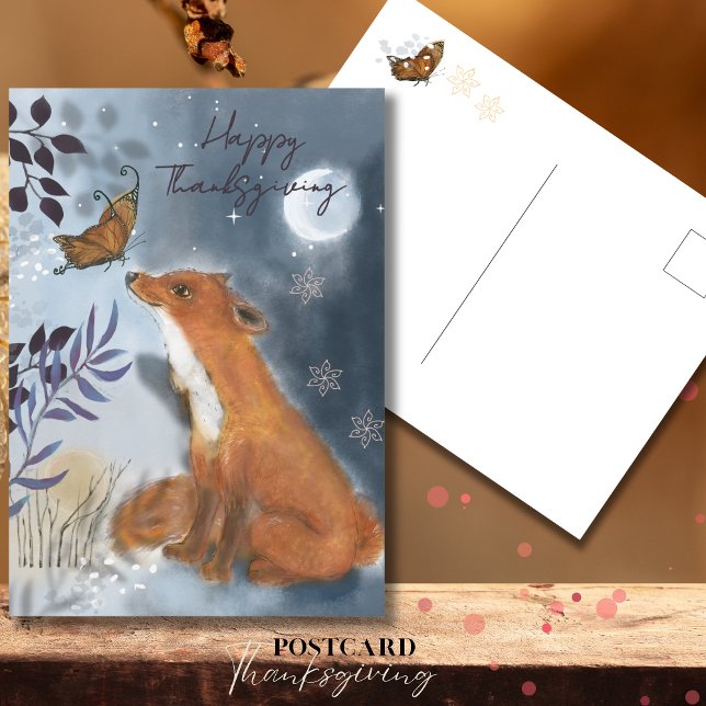 Cartão Postal Fox Whimsical & Butterfly Ação de Graças Místico (Whimsical Fox & Butterfly Mystical Thanksgiving Postcard)