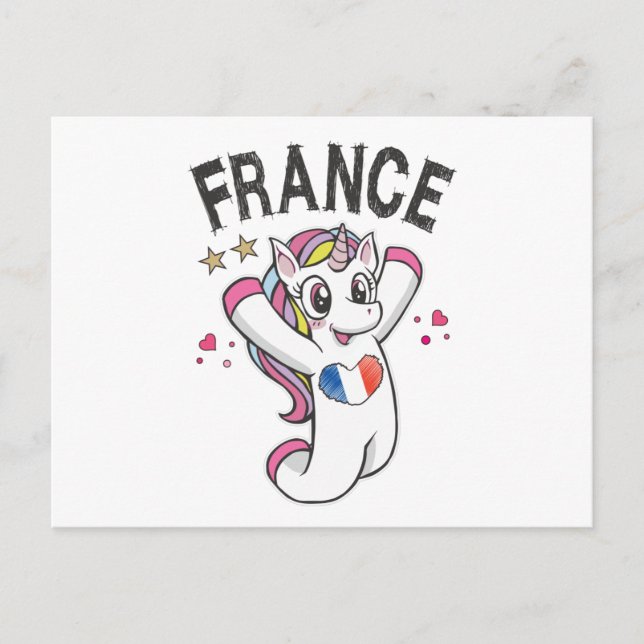 Cartão Postal França Soccer Fan Unicorn com bandeira cardíaca (Frente)