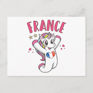 Cartão Postal França Soccer Fan Unicorn com bandeira cardíaca