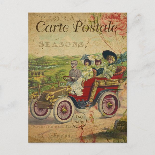 Cartão postal francês Vintage, Carro Retroativo (Frente)
