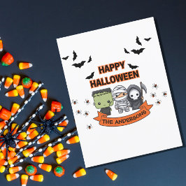 Cartão Postal Frankenstein Múmia Ceifeira Gato Fofo Halloween