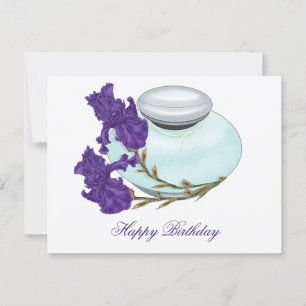 Cartão Postal Frasco de Perfume com Flores de Íris Feliz Anivers