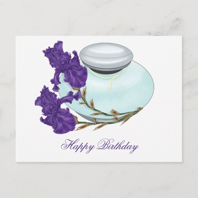 Cartão Postal Frasco de Perfume com Flores Iris Feliz Aniversári (Frente)