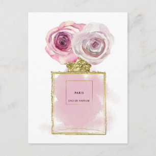 Cartão Postal Frasco de Perfume de Moda Floral Rosas Cor-de-Rosa