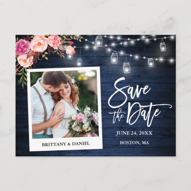 Cartão Postal Frascos Florais de Madeira Azul para Foto Instantâ (Frente)