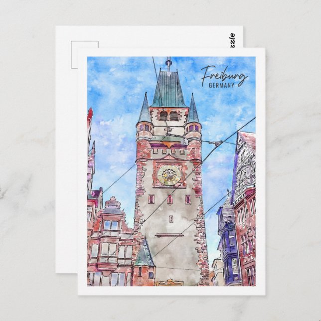 Cartão Postal Freiburg Germany Viagem Place Watercolor (Frente/Verso)
