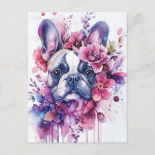 Cartão Postal French Bulldog Aquarela Floral