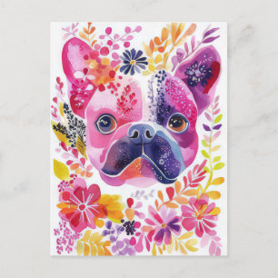 Cartão Postal French Bulldog Aquarela Floral