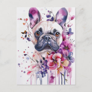 Cartão Postal French Bulldog Aquarela Floral