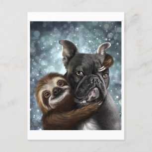 Cartão Postal Frenchie a receber um abraço Sloth!