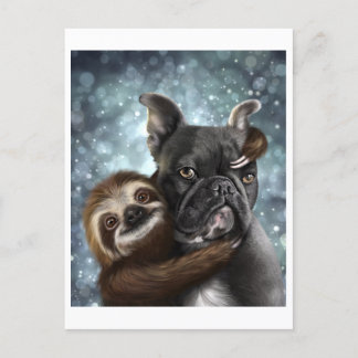 Cartão Postal Frenchie a receber um abraço Sloth!