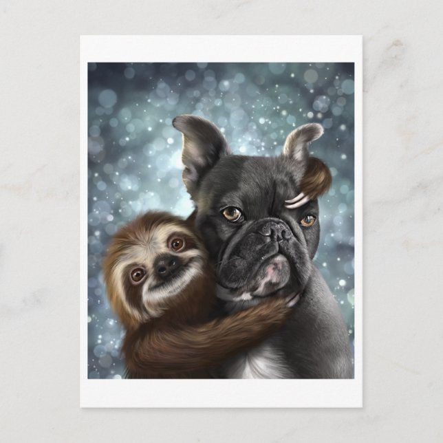 Cartão Postal Frenchie a receber um abraço Sloth! (Frente)