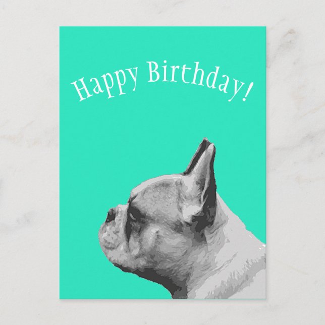Cartão Postal Frenchie | Aniversário Feliz cor Aqua (Frente)
