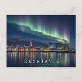 Cartão Postal Frente Marítimo de Reykjavík Céu Islândia Aurora
