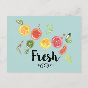 Cartão Postal Fresco - Frutas de Citros em Watercolor