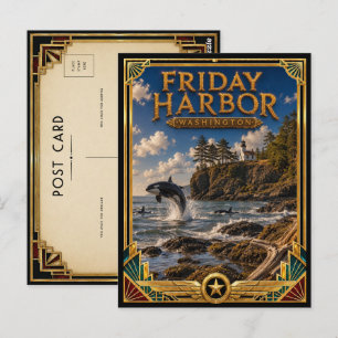 Cartão Postal Friday Harbor Washington Arte Deco Vintage Dourado