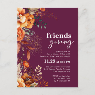 Cartão Postal Friendsgiving dinner invitation autumnal floral
