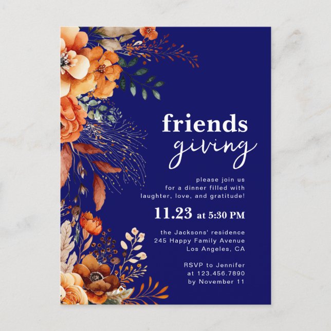 Cartão Postal Friendsgiving dinner invitation autumnal floral (Frente)