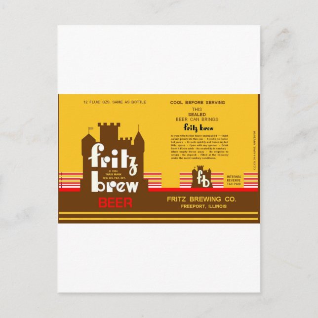 CARTÃO POSTAL FRITZ BREW CONE TOP BEER PODE DESIGN FREEPORT ILL (Frente)