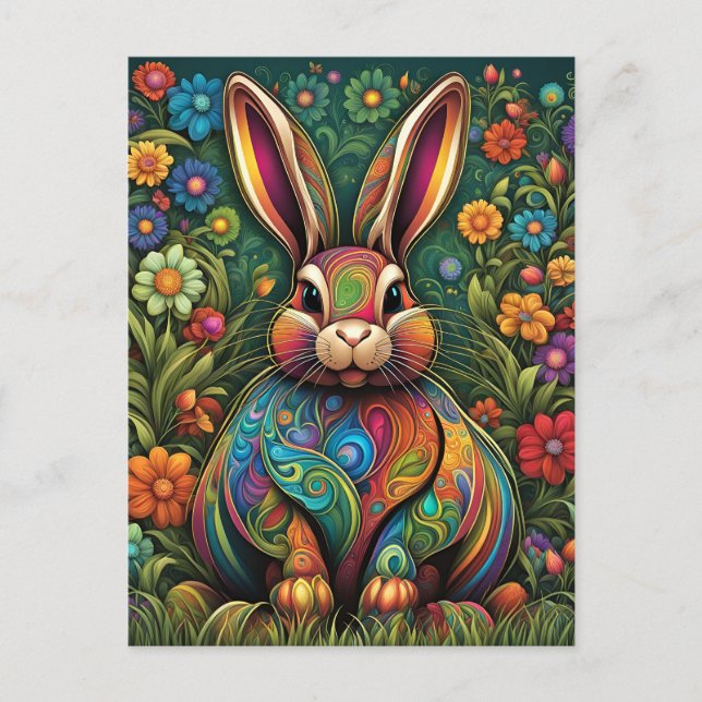 Cartão Postal Frohe Ostern - Osterhase in Blumen (Frente)