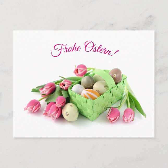 Cartão Postal Frohe Ostern Postkarte mit Tulpen Ostereiern (Frente)