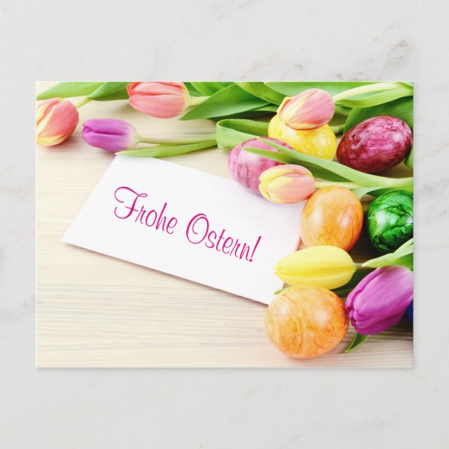 Cartão Postal Frohe Ostern Postkarte mit Tulpen und Ostereier (Frente)