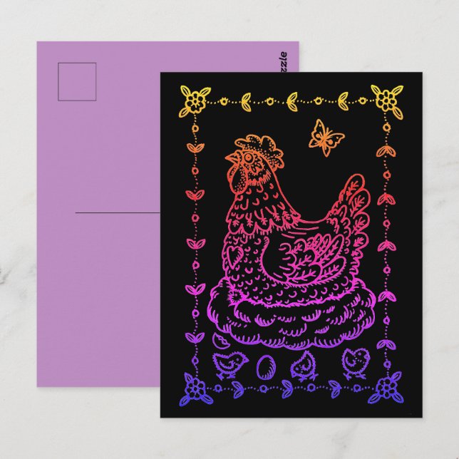 CARTÃO POSTAL FRONTEIRA DE HEN, OVOS, PINTINHO E ARTE FOLK (Frente/Verso)