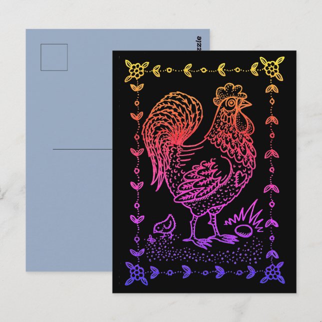 CARTÃO POSTAL FRONTEIRA DE ROOSTER, OVO, PINTINHO E ARTE FOLK (Frente/Verso)