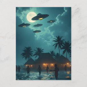 Cartão Postal Frota de Invasão de OVNI Tropical Praia ao Luar Al