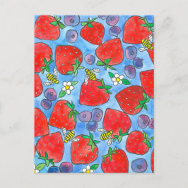 Cartão Postal Fruta de Aquarelas de Abelhas de Morango