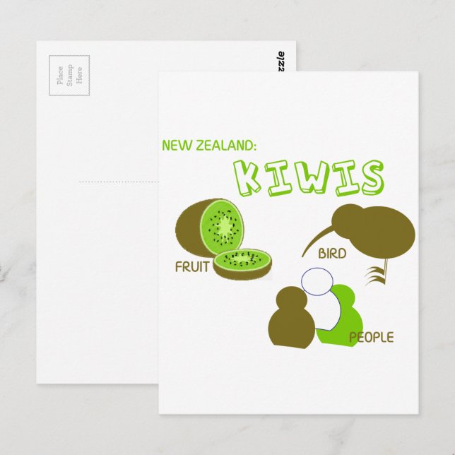 Cartão Postal fruta de Kiwi,pássaros,desenho animado de pessoas  (Frente/Verso)