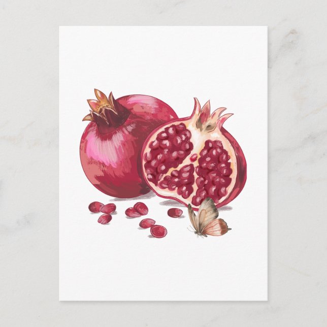 Cartão Postal Fruta de Romã de Aquarela e Borboleta (Frente)