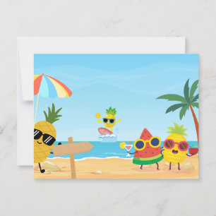 Cartão Postal Fruta engraçada de cartoons na praia de verão