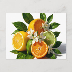 Cartão Postal Frutas Cítricas Vibrantes Flores Realistas