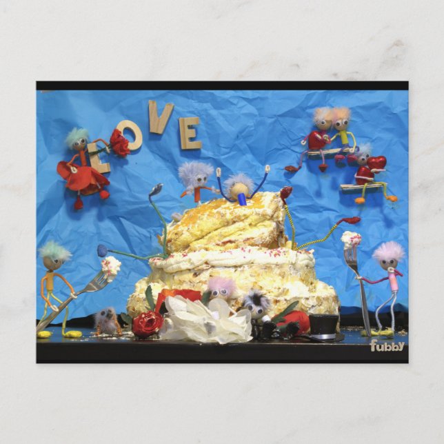 Cartão Postal Fubby feest met taart en bruidspaar. (Frente)