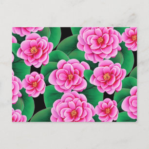 Cartão Postal Fuchsia Pink Camellias e Jade Green Folhas