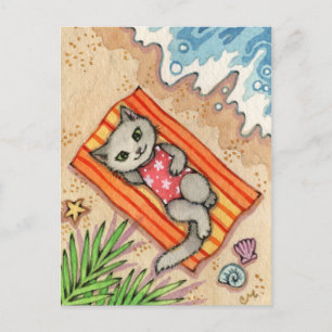 Cartão Postal Fuga - Arte de Gatinho Fofo na Praia