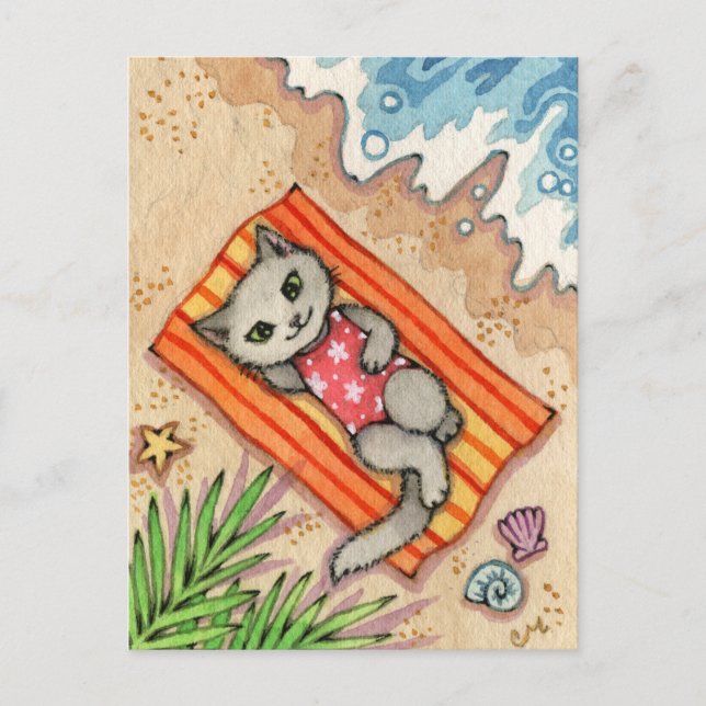 Cartão Postal Fuga - Arte de Gatinho Fofo na Praia (Frente)
