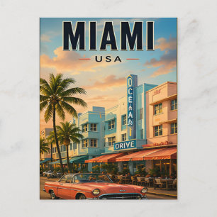 Cartão Postal Fuga Costeira Colorida de Viagem para Miami Flórid
