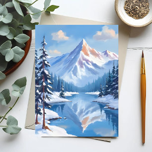 Cartão Postal Fuga da Montanha Neve de Inverno Aquarela Nature