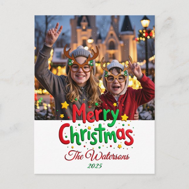 Cartão Postal Fun Retro Script Merry Christmas Letterpress Photo (Frente)