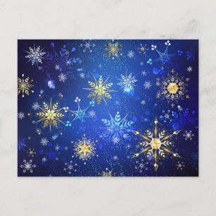 Cartão Postal Fundo Azul de NATAL com Flocos de Neve Dourados