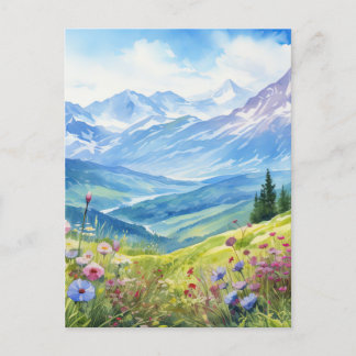 Cartão Postal Fundo de Paisagem de Montanha de Aquarela