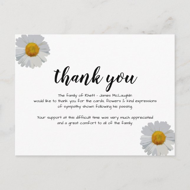 Cartão Postal Funeral Sympathy Thank you Card (Frente)