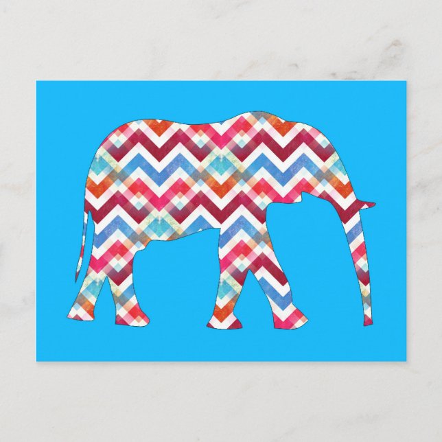 Cartão Postal Funky Zigzag Chevron Elephant on Teal Blue (Frente)