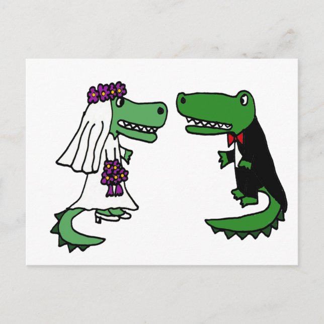 Cartão Postal Funny Alligator Bride e Groom Cartoon (Frente)