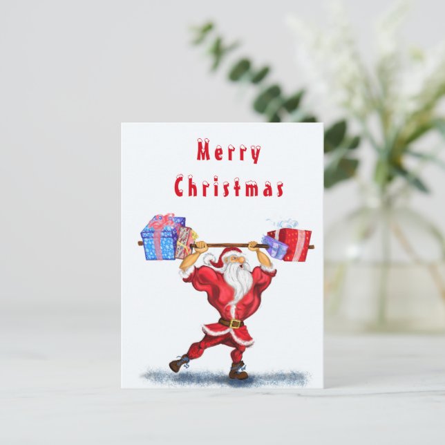 Cartão Postal Funny Bodybuilding Christmas Card Fitness Santa (Em pé/Frente)