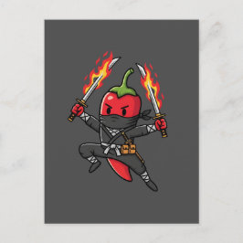 Cartão Postal Funny Chili Pepper Fire Ninja Samurai Illustration