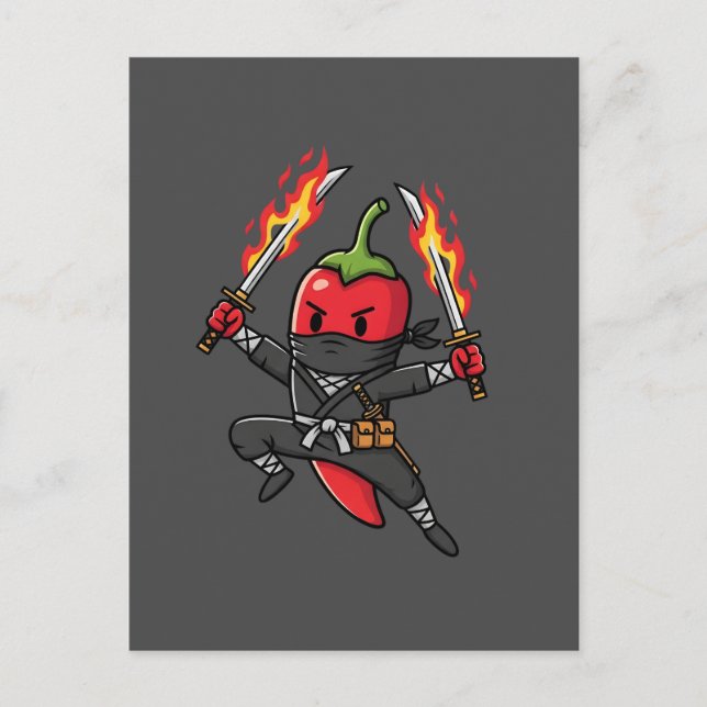 Cartão Postal Funny Chili Pepper Fire Ninja Samurai Illustration (Frente)